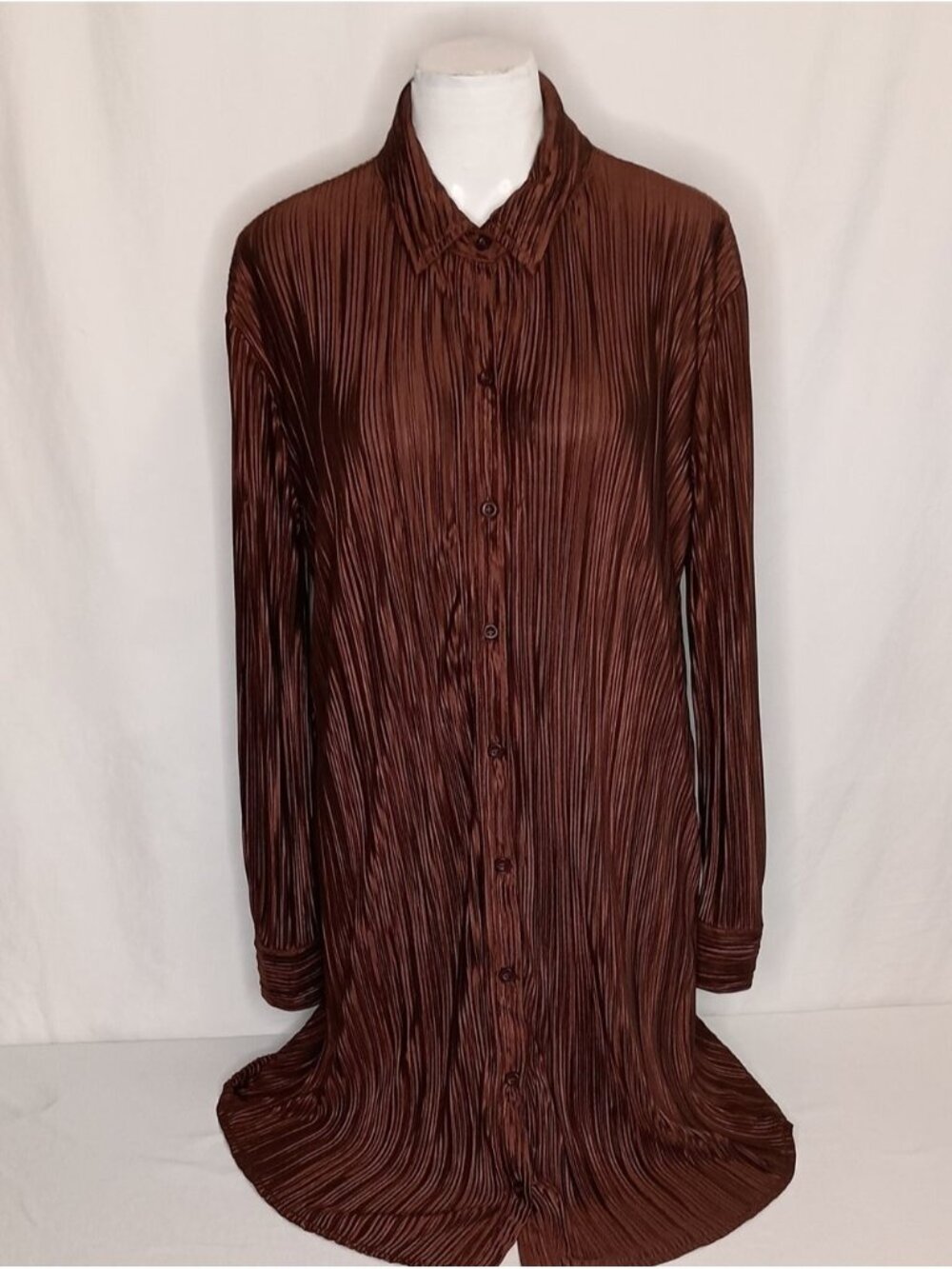 Women's Size M Satin Pleated Shirt Dress Chocolate Brown Old Money - Picture 8 of 10